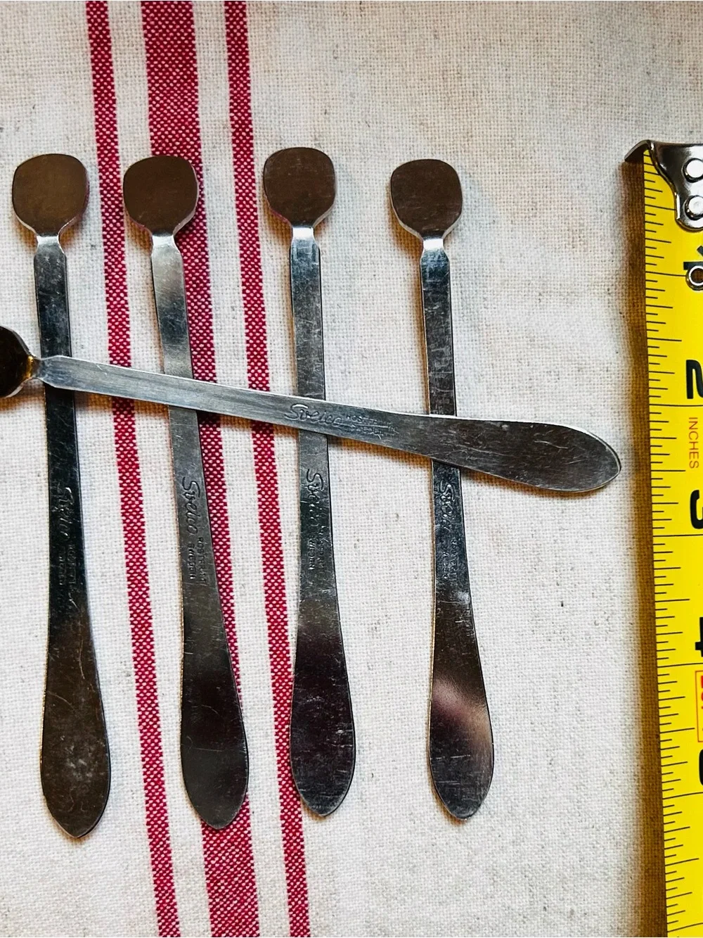 Set of five vintage Sveico stainless drink/coffee stirrers. Made in Sweden.
